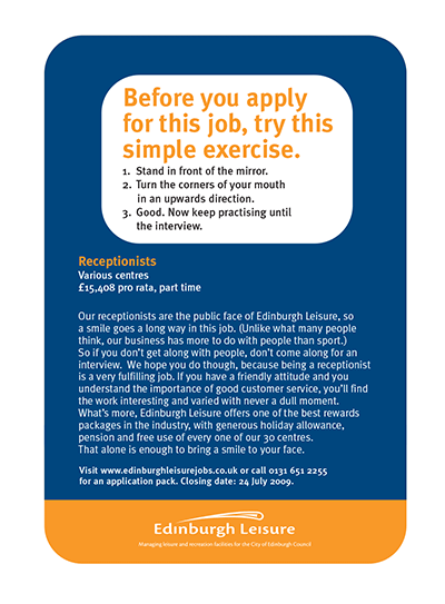 Edinburgh Leisure - Receptionist recruitment ad